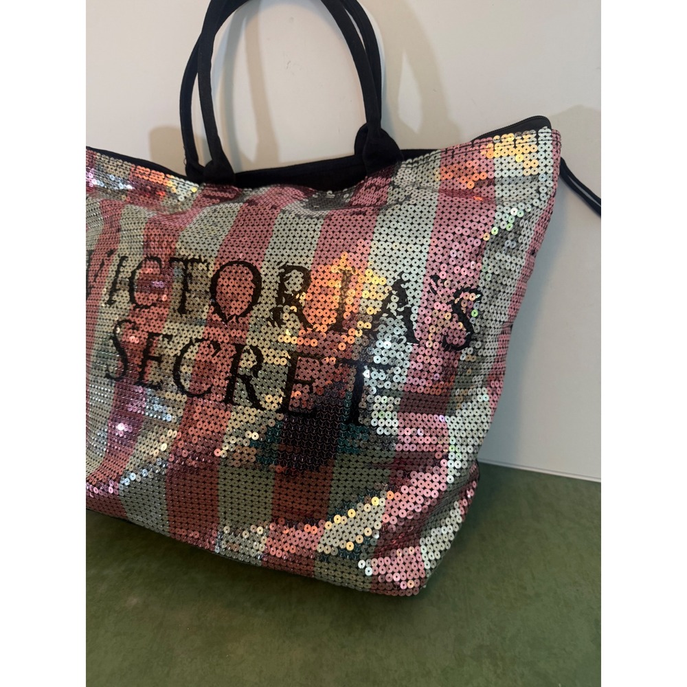 Victoria's Secret Sequin Stripe Tote Bag Pink Silver Black 11063603 - Picture 3 of 8